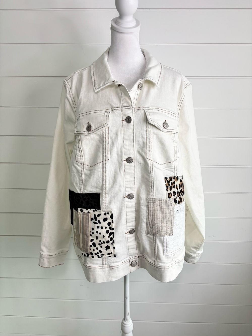 LOGO Lavish by Lori Goldstein Patchwork Denim Jacket Cream Patchwork Size 20W